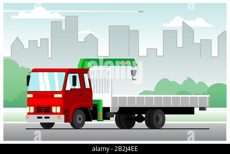 LKW-Kran. Moderner mobiler hydraulischer Fahrzeugkran für den Güterverkehr vor dem Hintergrund der Stadt. Vector-Truck-Kran mit Rot Stock Vektor