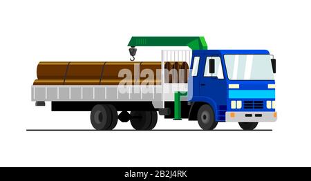 LKW-Kran. Moderner mobiler hydraulischer Fahrzeugkran für den Transport von Waren auf weißem Hintergrund. Vector-Truck-Kran mit blauem Kabinentrans Stock Vektor