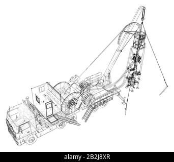 Maschine der LKW-Einheit für gewickelte Schläuche. Die Ebenen der sichtbaren und unsichtbaren Linien werden getrennt. EPS10-Format. Drahtrahmen. Stock Vektor