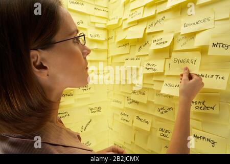 Frau mittleren Alters, die vor der Wand steht und mit Haftnotizen bedeckt ist, die Nahaufnahme lesen Stockfoto