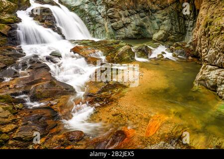 Ein kleiner Wasserfall fließt über dunkle, moosbedeckte Felsen in ein flaches, klares Becken mit sichtbarem orange-braunem Flussbett. Das Wasser wirkt aufgrund einer langen Belichtung glatt und seidig, wodurch eine weiche Bewegung entsteht Stockfoto