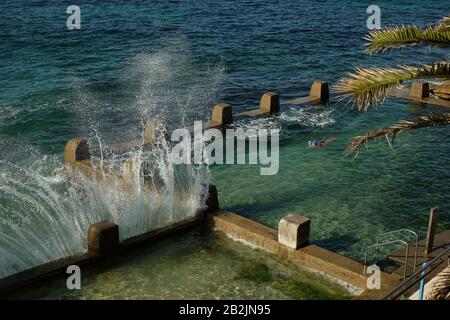 Ein einsamer Schwimmer, kühles grünes Ozeanwasser des Ross Jones Rockpool Coogee mit Seespray, das gegen die schweren crenulierten Betonwände, Sydney, bricht Stockfoto