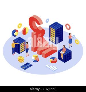 CRM-Datenbank, isometrische Vektordarstellung des Servers. Client Data Storage and Management Automation-Software 3d-Konzept isoliert auf weiß. E-Commerce Stock Vektor