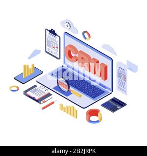 Isometrische Vektordarstellung des CRM-Systems. Kunden-, Management- und Marketingautomatisierungssoftware 3D-Konzept isoliert auf weiß. Client-Datenbank. Funktioniert Stock Vektor
