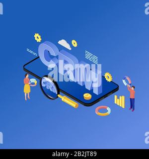 Isometrische Darstellung der Smartphone CRM-App. Mobile Anwendung, Software für das Customer Relationship Management System. Automatisierung des Marketings. Client-Datenbank Stock Vektor