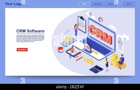 Isometrische Vektorvorlage für die Zielseite der CRM-Software. Benutzeroberfläche für Arbeitsprozess, Workflow-Organisation und Optimierungsservice. Kunde Stock Vektor