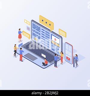 Isometrische Vektordarstellung für Content Marketing. Inbound-Marketing-Strategie. SMM, Medienwerbung, Inhaltsschreiben isoliertes 3D-Konzept. Marketingfachleute Stock Vektor
