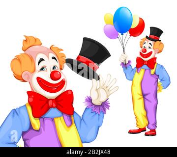 April Fool's Day. Lustiger Clown mit Hut und mit Ballons, Satz von zwei Posen. Verwendbar für den Circus Day. Fröhliche Zeichentrickfigur. Stock Vector illucati Stock Vektor