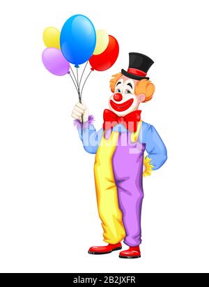 April Fool's Day. Lustiger Clown mit Ballons. Verwendbar für den Circus Day. Fröhliche Zeichentrickfigur. Vektor-Darstellung auf weißem Hintergrund isoliert Stock Vektor