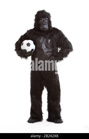 Junger Mann im Gorillakostüm, der Fußball vor weißem Hintergrund hält Stockfoto