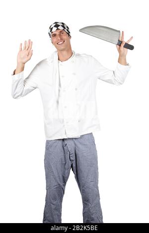 Schickes Kleid Foto eines Chefkochs, der Uniform trägt und ein neues Messer trägt Stockfoto