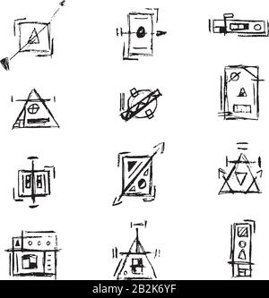 Abstrakte technische Skizzen der geometrischen Zeichnung des Schwarzen Zeichens oder Symbolsatz der Doodles Stock Vektor