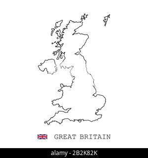 Großbritannien Großbritannien Kartenlinie, linearer dünner Vektor. Großbritannien Großbritannien einfache Karte und Flagge. Stock Vektor