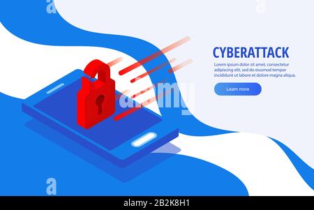 Isometrisches Smartphone mit einem gehackten roten Vorhängeschloss. Konzept für Cyberangriffe. IIdentity Information und Netzwerkschutz. Vektorgrafiken auf blauem Hintergrund Stock Vektor