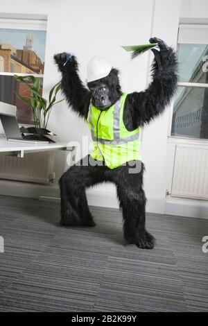 Wütender männlicher Ingenieur im Gorilla-Kostüm und Sicherheitsbekleidung im Büro Stockfoto