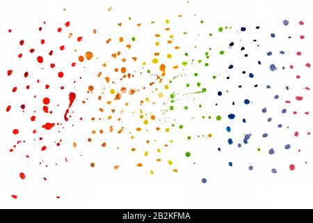 Natürliche, regenbogenfarbene Flecken mit Aquarellfarbe auf weißem Papierhintergrund. Stockfoto