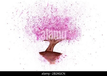 Auf weißem Hintergrund malte Aquarell einen Baum mit Krimsonblättern in Form von Spritztropfen und braunen Ästen, Tisch und Erde. Stockfoto