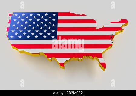 3D-Karte der USA. Karte der USA Landgrenze mit Flagge. USA-Karte auf weißem Hintergrund. 3D-Rendering Stockfoto