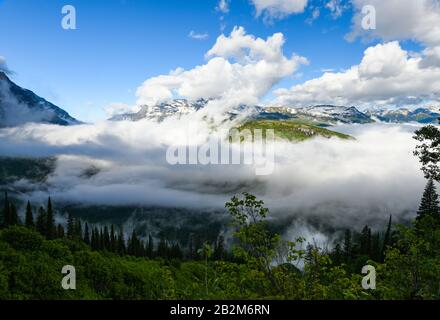Von der Sonne beleuchtete niedrige Wolke, die über einem Tal im Glacier National Park mit Wald und fernen Berggipfeln hängt Stockfoto