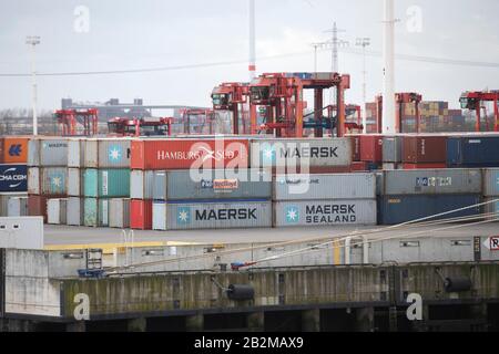 Hamburg, Deutschland. Februar 2020. Container und Kranfahrzeuge am Containerterminal Eurogate Hamburg Waltershof 17. Februar 2020. Weltweite Nutzung Credit: Dpa / Alamy Live News Stockfoto