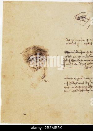 Leonardo da Vinci. Untersuchung der Gesichtsproportionen mit Details von Augen, Notizen und einigen arithmetischen Operationen. 1489-1490 Stockfoto