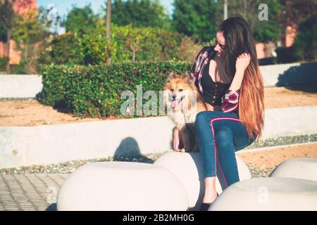 Junge Frau, die mit einem schönen Hund sitzt Stockfoto