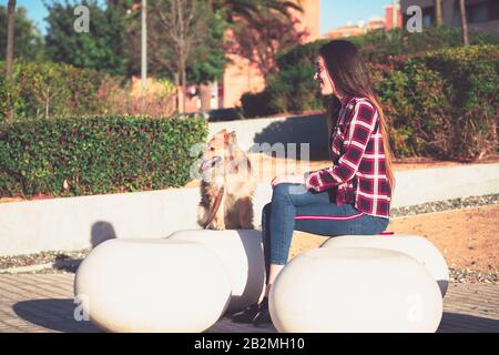 Junge Frau, die mit einem schönen Hund sitzt Stockfoto