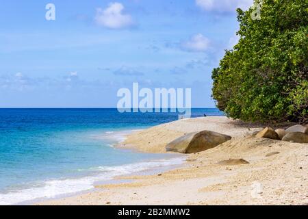 Wellen spritzen den Sand von Nudey Beach, Fitzroy Island, in den kristallklaren Gewässern des Korallenmeeres nahe der Küste von Queensland Australien. Stockfoto