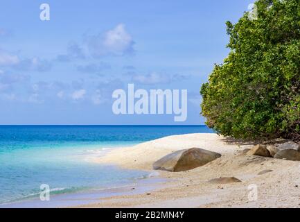 Wellen spritzen den Sand von Nudey Beach, Fitzroy Island, in den kristallklaren Gewässern des Korallenmeeres nahe der Küste von Queensland Australien. Stockfoto