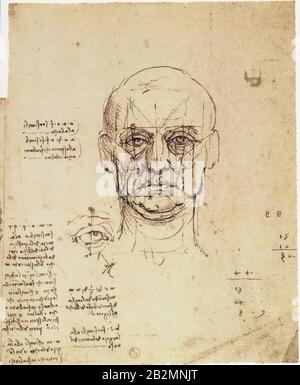 Leonardo da Vinci. Untersuchung der Gesichtsproportionen mit Details von Augen, Notizen und einigen arithmetischen Operationen. 1489-1490 Stockfoto