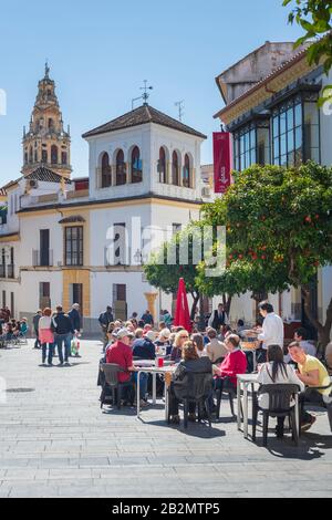 Mit Blick auf den Kirchturm der Mezquita ein Straßencafé auf der Plaza Agrupación de Cofradías in Córdoba, Andalusien, Spanien Stockfoto