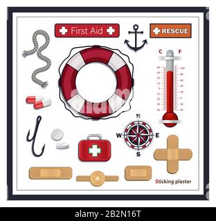Nautische Sammlungssymbole, erste Hilfe und Rettung, Rettungsschwimmer, anhaftender Putz, Kompass und Medikamente, Isoliert auf weißem Hintergrundvektor Stock Vektor
