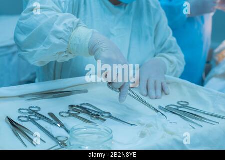 Nahaufnahme, die Hände eines Krankenschwesters Hand, nimmt ein Assistenzchirurg ein chirurgisches Instrument von einem sterilen Tisch. In einem sterilen Operationssaal. MA entfernen Stockfoto