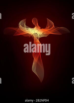 Rot-gelber abstrakter geflügelter Dämonengel auf schwarzem Grund. Blending-Effekt Stockfoto