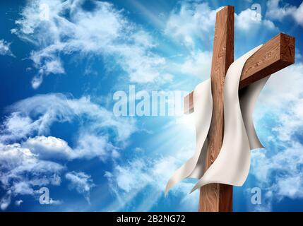 Auferstehung oder Kreuzigung. Christliches Osterkonzept. holz-christian-Kreuz auf Himmelshintergrund mit Wolken. 3D-Abbildung Stockfoto