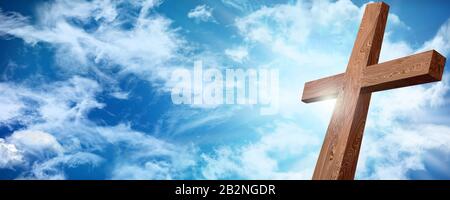 Webbanner. Auferstehung oder Kreuzigung. holz-christian-Kreuz auf Himmelshintergrund mit Wolken. Christliches Osterkonzept. 3D-Abbildung Stockfoto