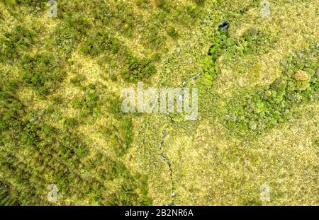 Ein Luftbild von einem grasbewachsenen, unebenen Hügel, der von grünen und gelben Vegetationen bedeckt ist. Ein schmaler, kurviger Pfad aus dunklen Steinen durchzieht das Gelände und führt von unten aus Stockfoto