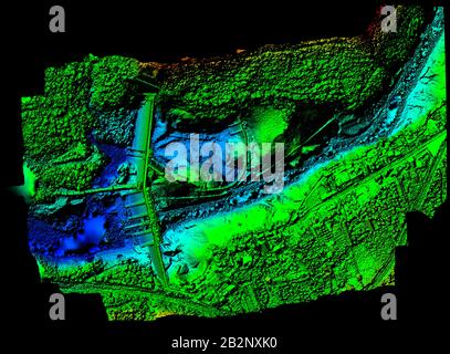 Hochauflösendes digitales Höhenmodell der Agoyan Wasserkraftwerk in Banos De Agua Santa Blue aus niedriger Höhe und Rot Höhe Stockfoto