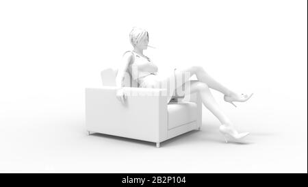 3D-Rendering einer Frau, die auf einem gestreuten Stuhl sitzt, ist allein isoliert. Stockfoto