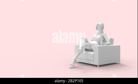 3D-Rendering einer Frau, die auf einem gestreuten Stuhl sitzt, ist allein isoliert. Stockfoto