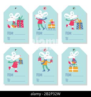 Set aus sechs Weihnachtsfeiertags mit Cartoon weißen Maus-Stock-Illustration Stock Vektor