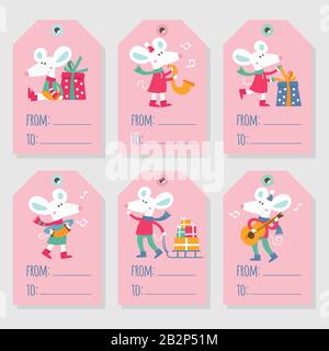 Set aus sechs Weihnachtsfeiertags mit Cartoon weißen Maus-Stock-Illustration Stock Vektor