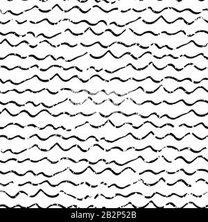 Wellenlinien nahtloser Hintergrund des Vektormusters. Unregelmäßiger, horizontaler Streifenhintergrund im Doodle-Stil mit Grunge-Struktur. Linearer geometrischer Überdruck Stock Vektor