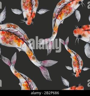 Aquarell orientalisches Muster mit Regenbogenkarps. Nahtlose orientalische Textur mit isolierten handgezeichneten Fischen. Asiatischer natürlicher Hintergrund in Stockfoto