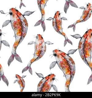 Aquarell orientalisches Muster mit Regenbogenkarps. Nahtlose orientalische Textur mit isolierten handgezeichneten Fischen. Asiatischer natürlicher Hintergrund in Stockfoto