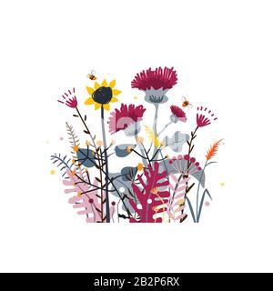 Wild- und Honigwiesen-Blumenstrauß. Vektor Natur Hintergrund mit handgezogenen Wildkräutern, Blumen und Blättern auf Weiß. Stock Vektor