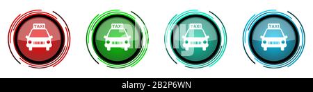 Taxi rund glänzende Vektorsymbole, Satz von Tasten für Webdesign, Internet- und Handyanwendungen in vier Farben, isoliert auf weißem Backgrou Stock Vektor