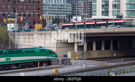 Toronto Transit Commission (TTC) Straßenbahn über eine Brücke auf Spadina Ave. Mit Zuggleisen unten mit stopped GO Transit Train auf ihnen. Stockfoto