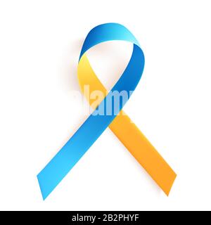 Der 21. März ist der Internationale Tag des Menschen mit Down-Syndrom. Das Symbol ist ein gelb-blaues Band. Blaugelbes Band über weißem Hintergrund. Vektorgrafiken. Stock Vektor