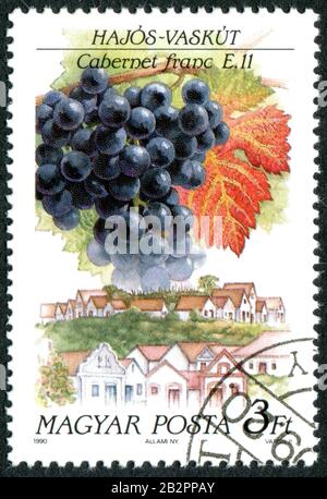 Ungarn - CIRCA 1990: Eine in Ungarn gedruckte Briefmarke, die Trauben und Wein Produziert, stellte den Cabernet-Franc Hajos-Vaskut, ca. 1990 dar Stockfoto